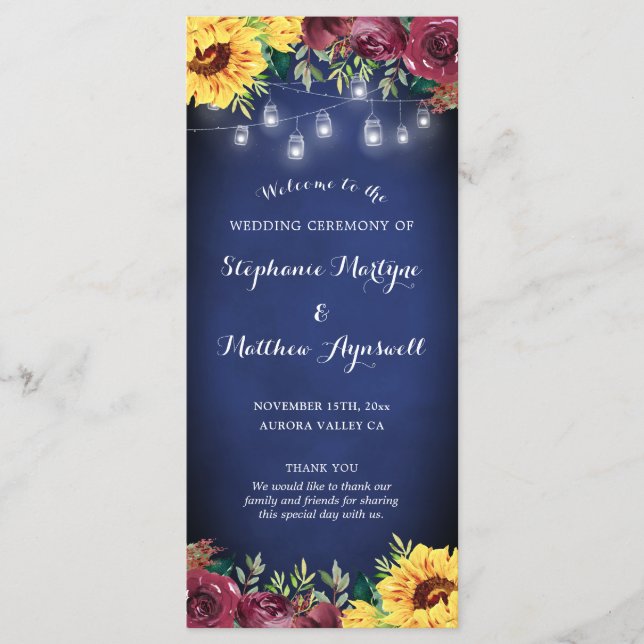 Programa Sunflower Mason Jar Ilumina Boda Azul de la Marina (Anverso)