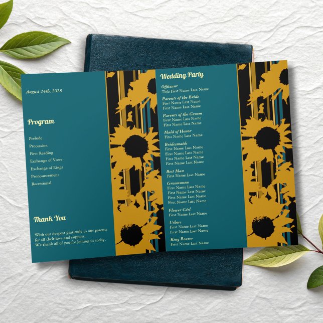 Programa Sunflower Teal Blue Gold Modern Folded Wedding  (Subido por el creador)