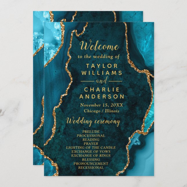 Programa Teal Blue and Gold Agate Wedding Program (Anverso / Reverso)
