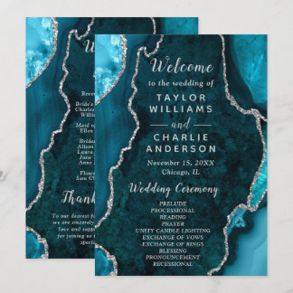 Programa Teal Blue and Silver Agate Wedding Program