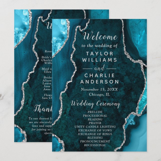 Programa Teal Blue and Silver Agate Wedding Program (Anverso / Reverso)