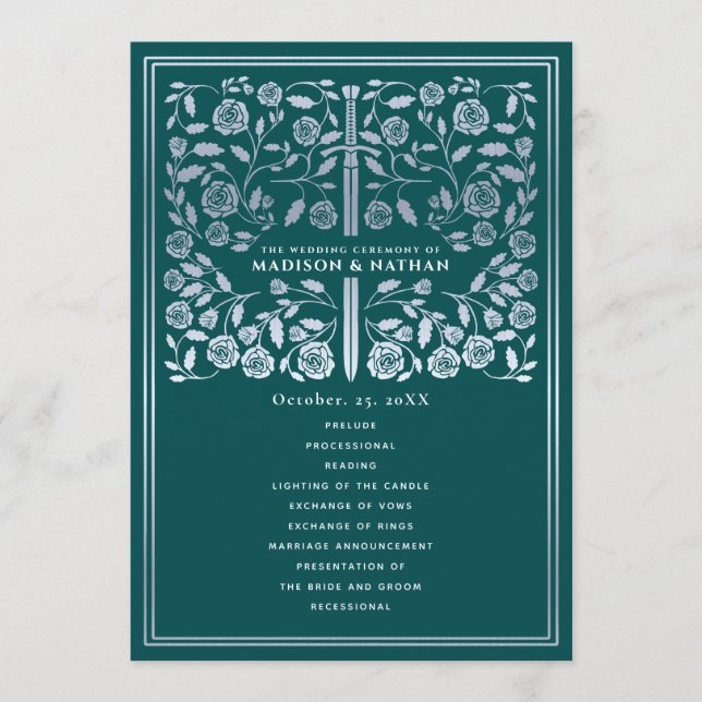 Programa Teal Royal Medieval Silver Sword Wedding Program (Anverso)