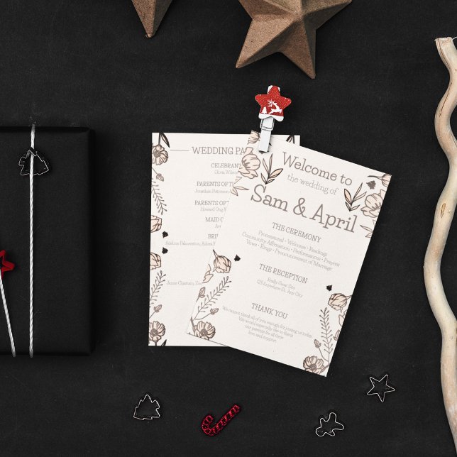 Programa Tema Boda floral marrón (Wedding ceremony detailed card in your wedding theme)