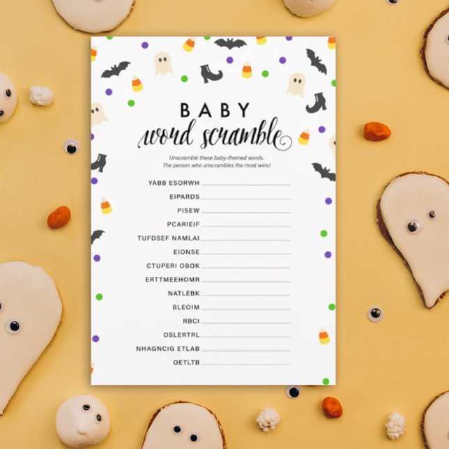 Programa Tema de Halloween palabra de bebé raspar juego de  (Baby Word Scramble Halloween theme baby shower game)