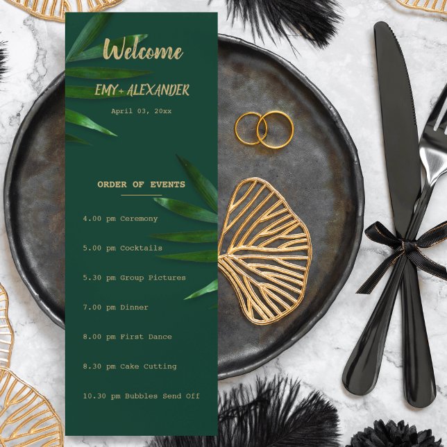 Programa temático de oro verde rico (Wedding timeline card in a Nature green theme )