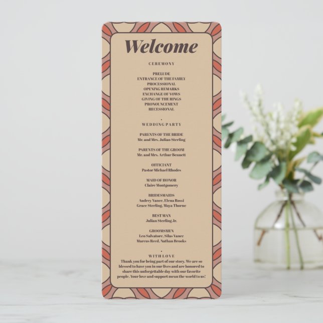 Programa Terracotta and Mauve Art Deco Wedding Program Card (Anverso de pie)