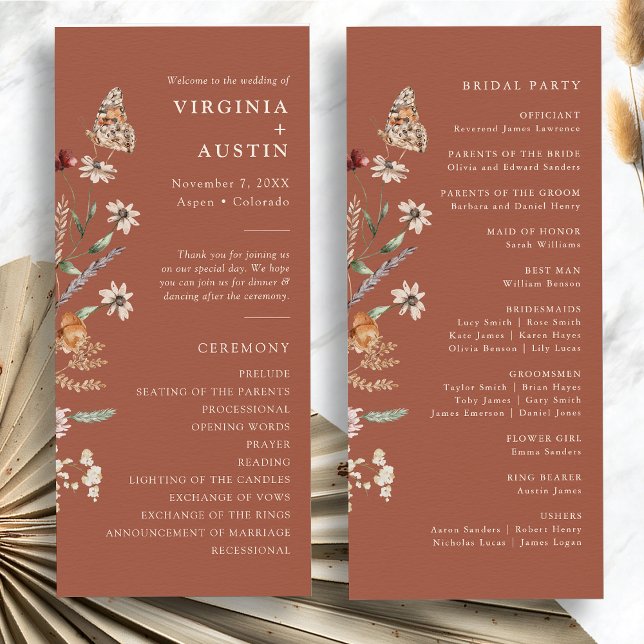 Programa Terracotta Boho Boda Floral (Terracotta Boho Floral Wedding Program with Butterfly by Painted Paperie
)