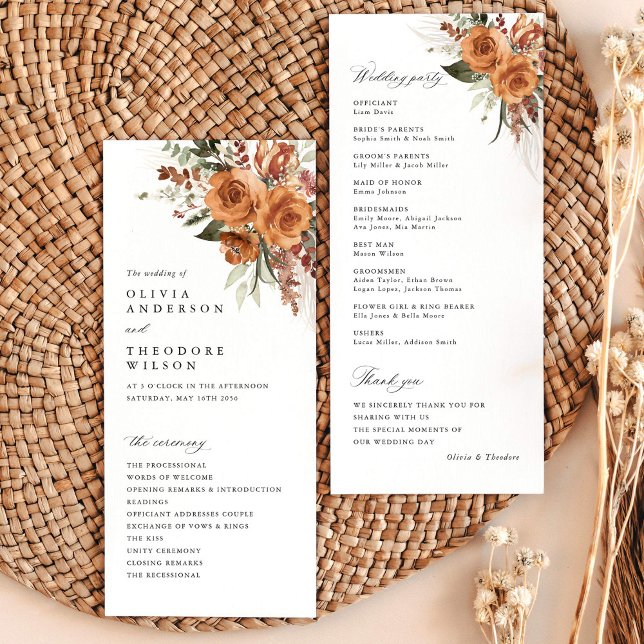 Programa Terracotta Boho Rose Floral Wedding Ceremony (Terracotta rose floral wedding program card with ceremony timeline, boho garden wedding stationery)