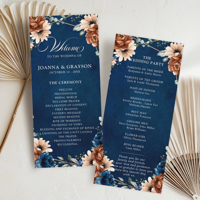 Programa Terracotta Navy Blue Greenery Boda Geométrico Pr (Terracotta Navy Blue Greenery Geometric Wedding Program card)