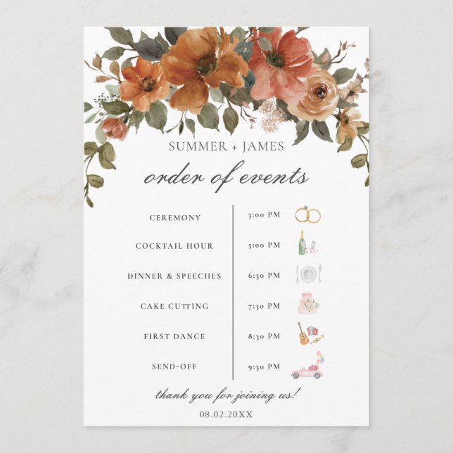 Programa Terracotta Rust Floral Fall Wedding Orden de event (Anverso)