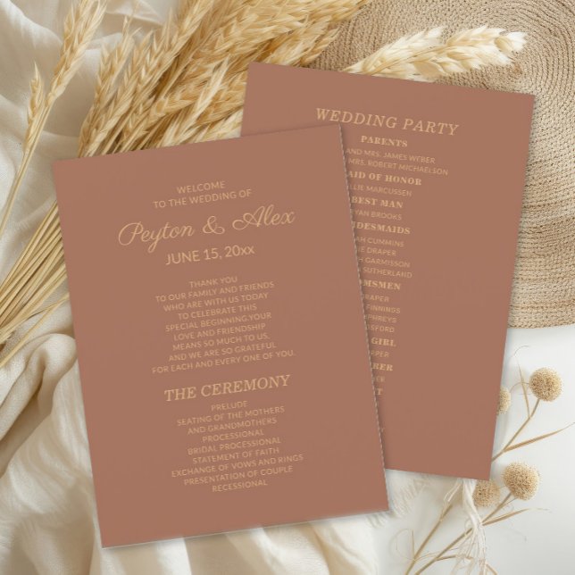 Programa Terracotta Rust Wedding Program Bridal Party (Terracotta/burnt orange 2-sided wedding program)