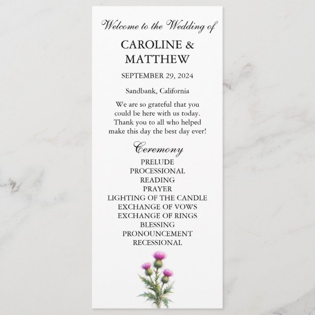 Programa Thistle Purple Floral Elegant Modern Wedding  (Anverso)