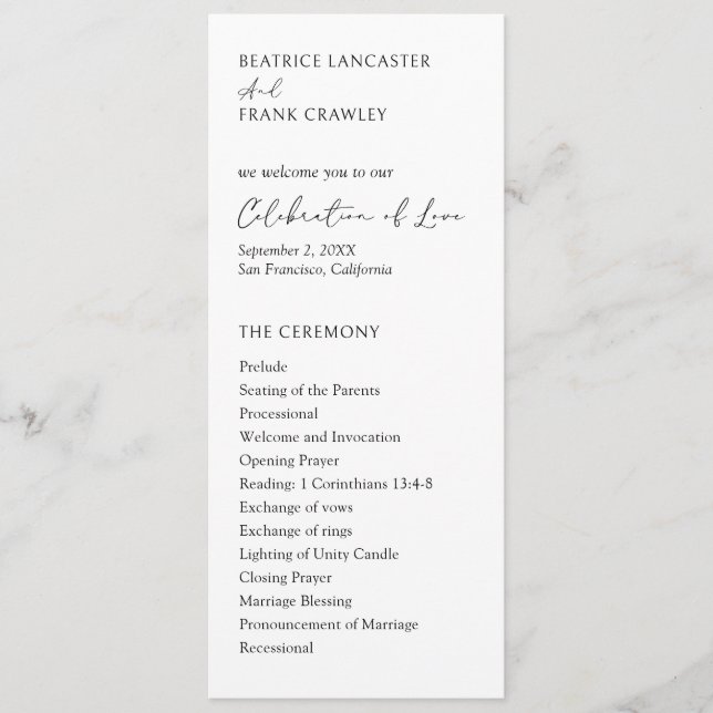 Programa Tipografía moderna y elegante para boda (Anverso)