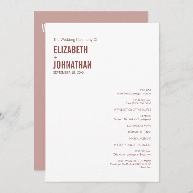 Programa Tipografía simple de Boho Dusty Rosa Boda (Anverso / Reverso)