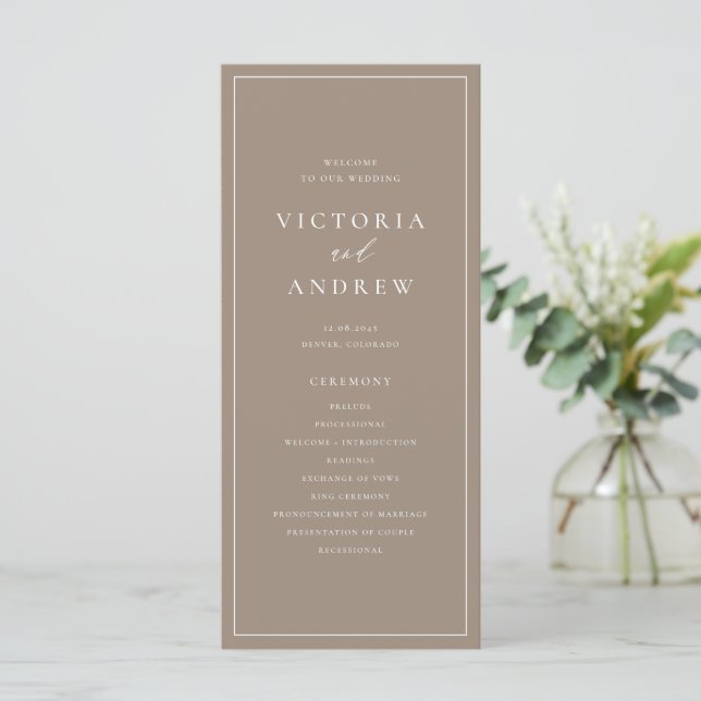 Programa Tipografía simple Taupe Boda formal (Anverso de pie)