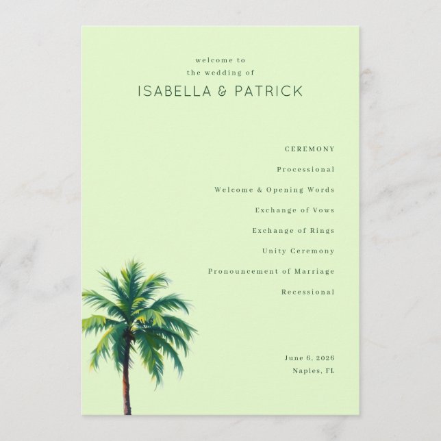 Programa Tranquil Green Palm Tree Wedding Ceremony Schedule (Anverso)