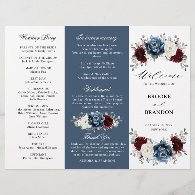 Programa Tri-Fold Boda de pizarra azul borgoña (Anverso)