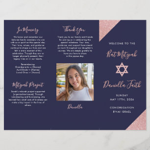 Programa Tri-Fold de Bat Mitzvah Navy Rosa Dorado