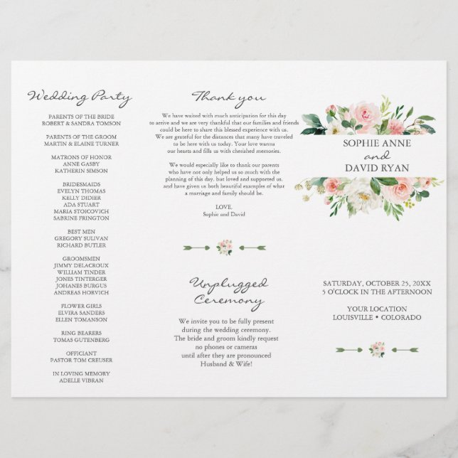 Programa Tri+Fold Wedding de Flores Blancas Rosada (Frente)
