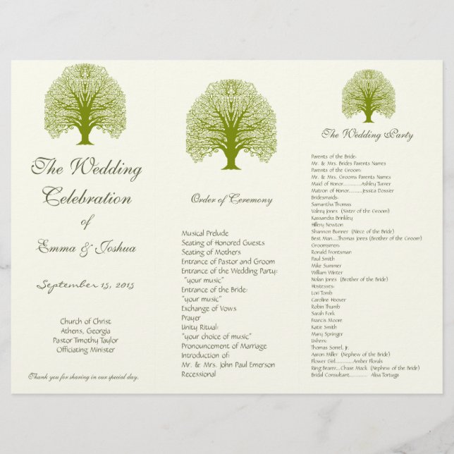 Programa TriFold Wedding Olive Swirl Tree (Anverso)