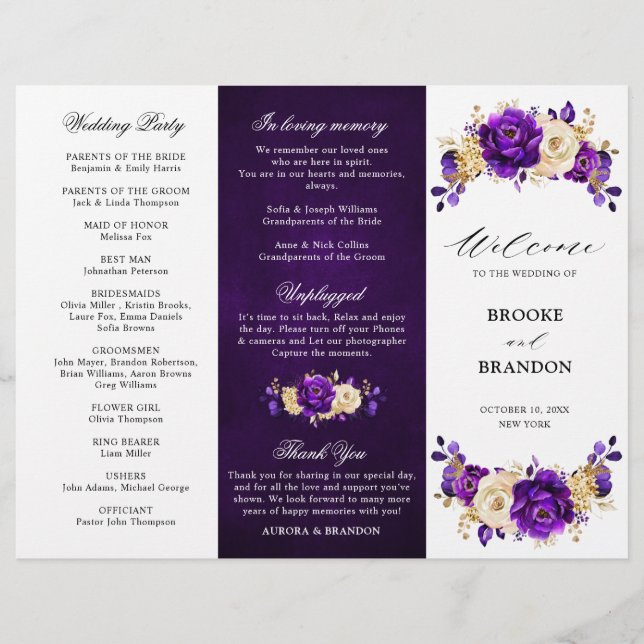 Programa triple de Boda Royal Purple Violet Gold (Anverso)