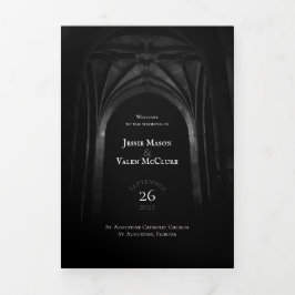 Programa Tríptico Arco gótico Elegante Boda Oscura Negra y Blanco