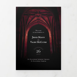 Programa Tríptico Arco Gótico Elegante Boda Oscura Rojo Negro