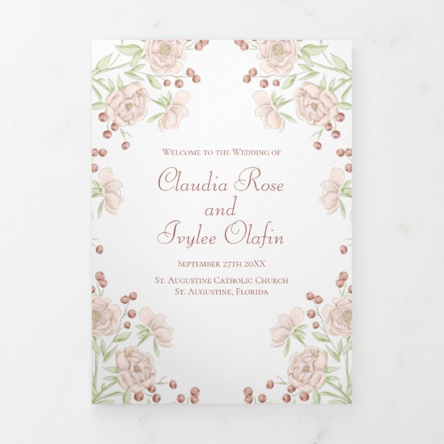 Programa Tríptico Blush Pink Roses Wedding Programs (Foto de portada)
