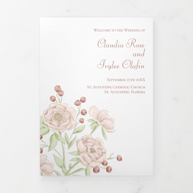 Programa Tríptico Blush Pink Roses Wedding Programs Modern (Foto de portada)