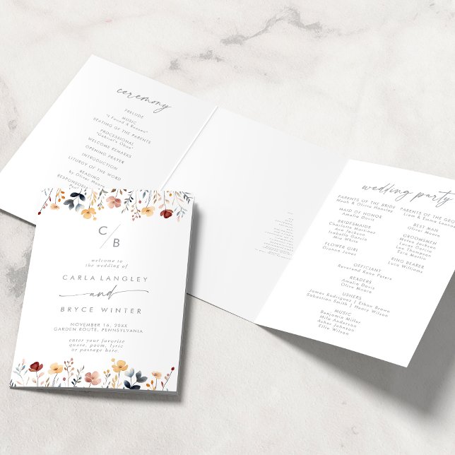 Programa Tríptico Boda caprichosa con monograma de flores silvestres (Subido por el creador)