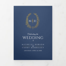 Programa Tríptico Boda de dedicación de guirnaldas con monograma azu