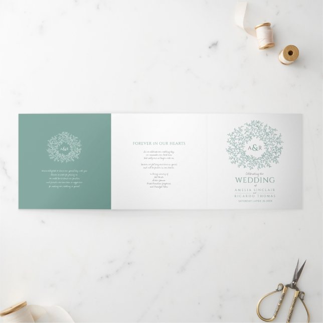 Programa Tríptico Boda de dedicatoria de historia de monograma verde (Exterior)