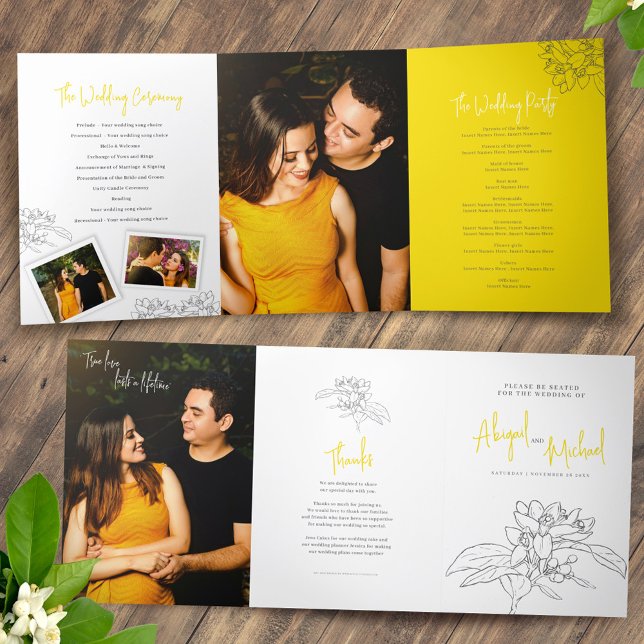 Programa Tríptico Boda de fotos de flores amarillas de limón blanco  (Subido por el creador)