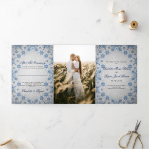 Programa Tríptico Boda de invierno con copo de nieve azul Purpurina