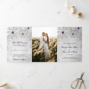 Programa Tríptico Boda de invierno con copo de nieve morado plateado