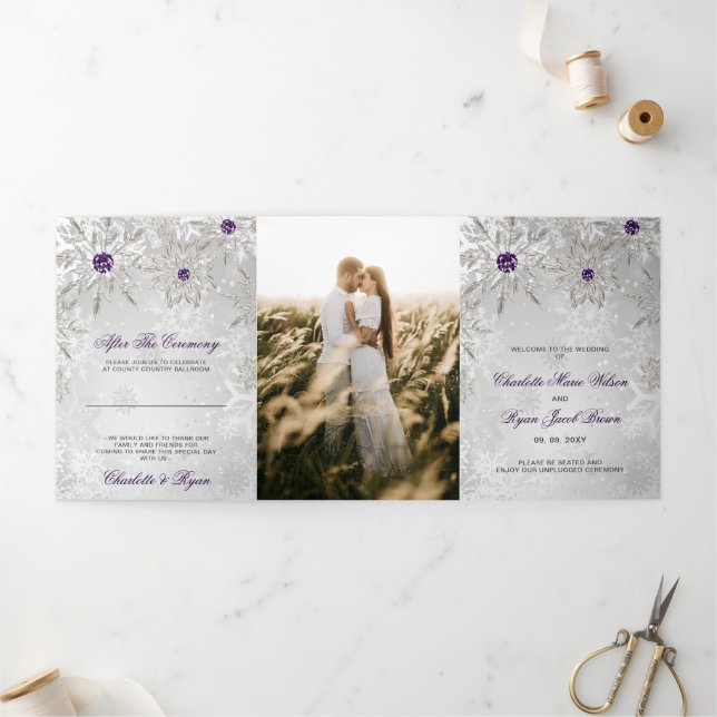 Programa Tríptico Boda de invierno con copo de nieve morado plateado (Exterior)