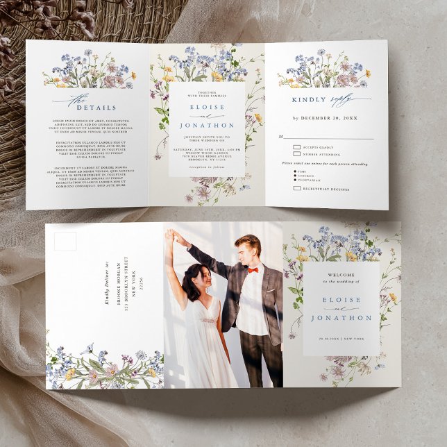 Programa Tríptico Boda de jardín de flores silvestres de primavera c (Colorful Spring Wildflower Meadow Garden Wedding Tri-Fold photo all in one wedding invitation)