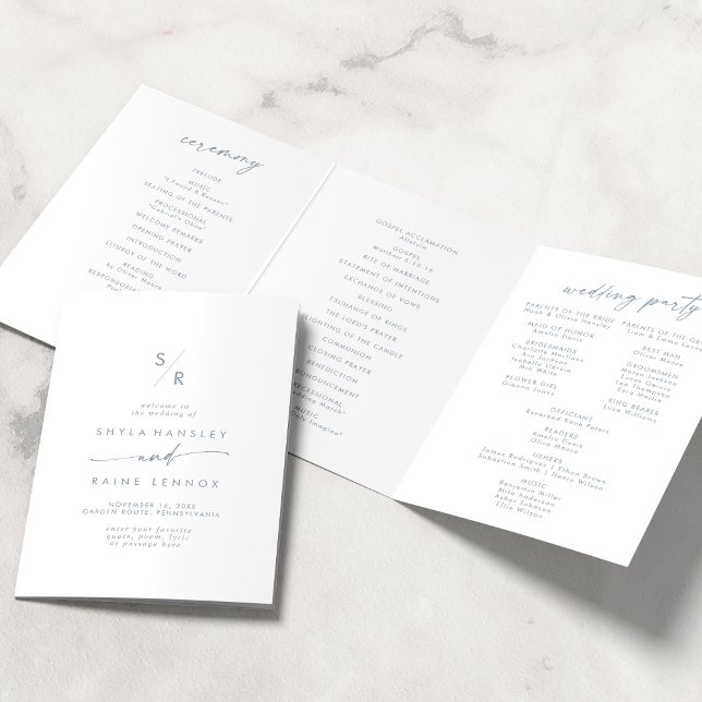 Programa Tríptico Boda de Monograma Azul de pizarra de Moda Boho (Subido por el creador)