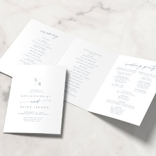 Programa Tríptico Boda de Monograma Azul de pizarra de Moda Boho