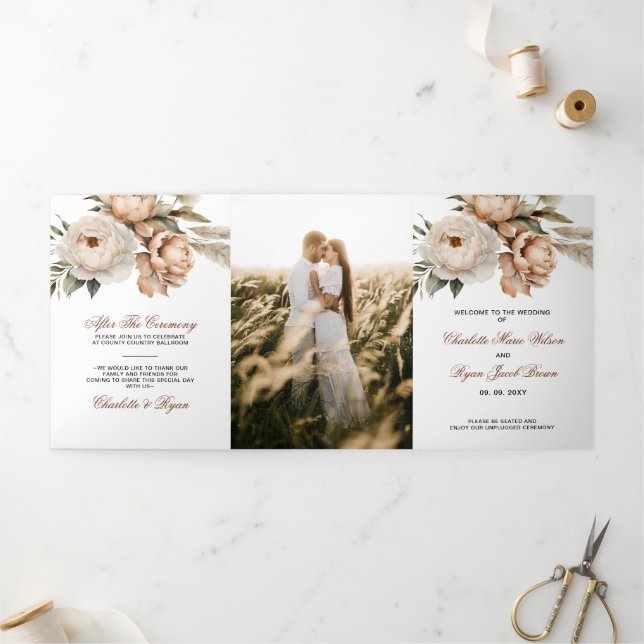 Programa Tríptico Boda Floral Bohemio de Otoño con Terracota Rústica (Exterior)