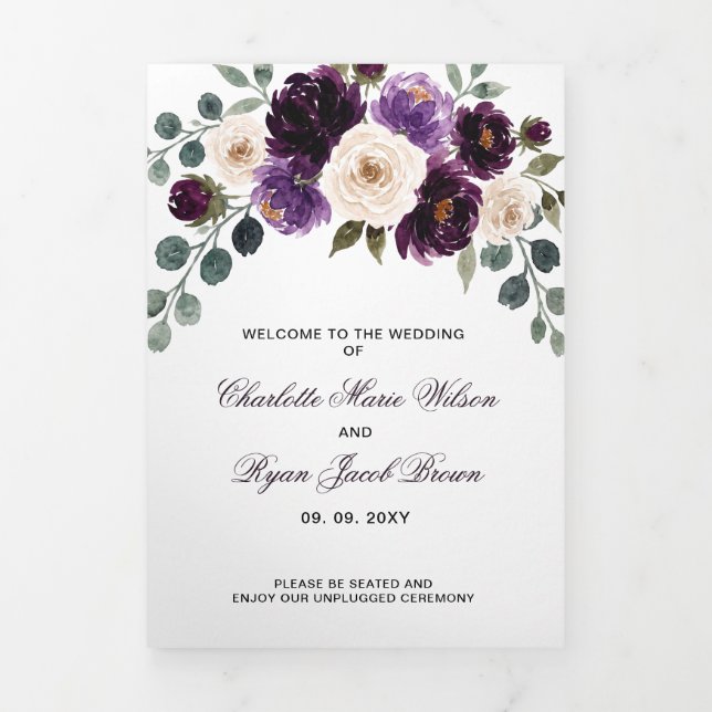 Programa Tríptico Boda Floral de Berenjena Marfil Púrpura Ciruela (Foto de portada)