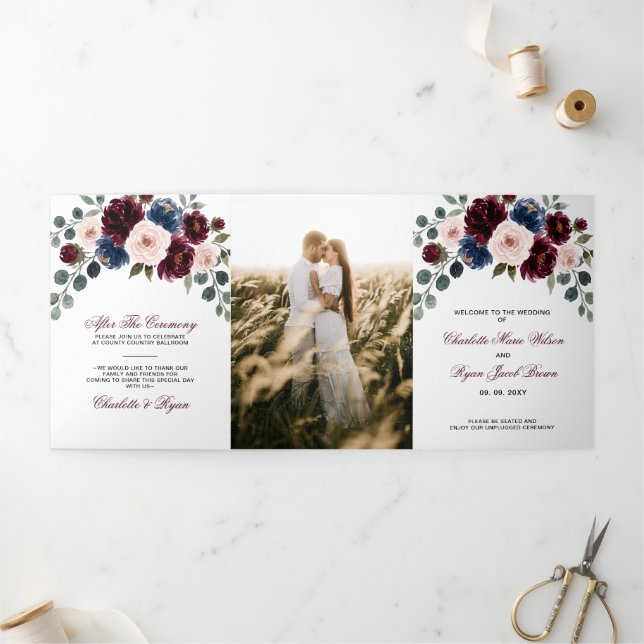 Programa Tríptico Boda floral de Burgundy Blush Navy Greenery (Exterior)