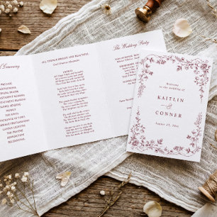 Programa Tríptico Boda Floral Vintage Francesa en Rojo Borgoña