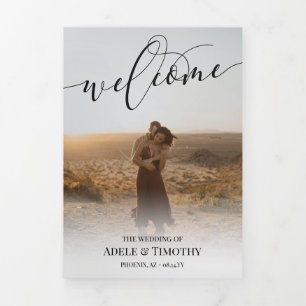 Programa Tríptico Boda fotográfico de caligrafía negra de bienvenida