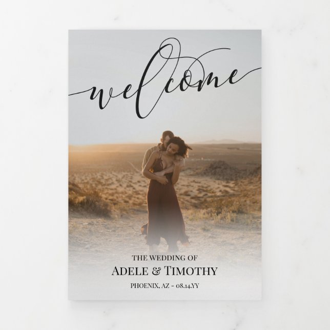 Programa Tríptico Boda fotográfico de caligrafía negra de bienvenida (Foto de portada)