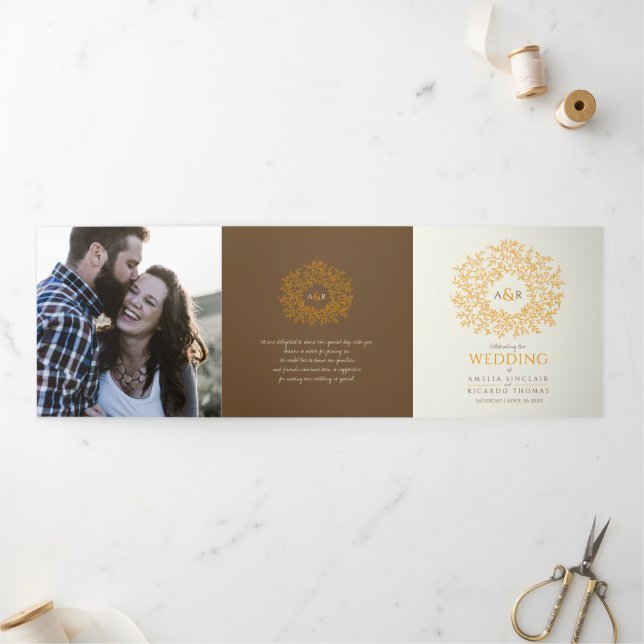 Programa Tríptico Boda fotográfico de dedicatoria de naranja marrón (Exterior)