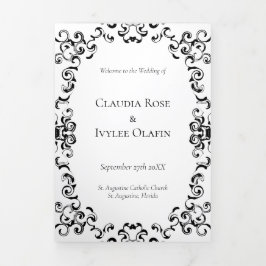 Programa Tríptico Boda gótico de Swirl negro y blanco