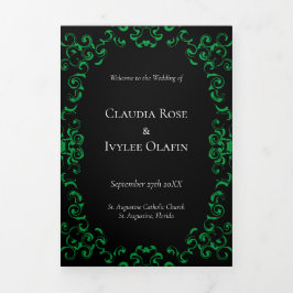 Programa Tríptico Boda gótico de Swirl verde y negro