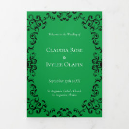 Programa Tríptico Boda gótico de Swirl verde y negro