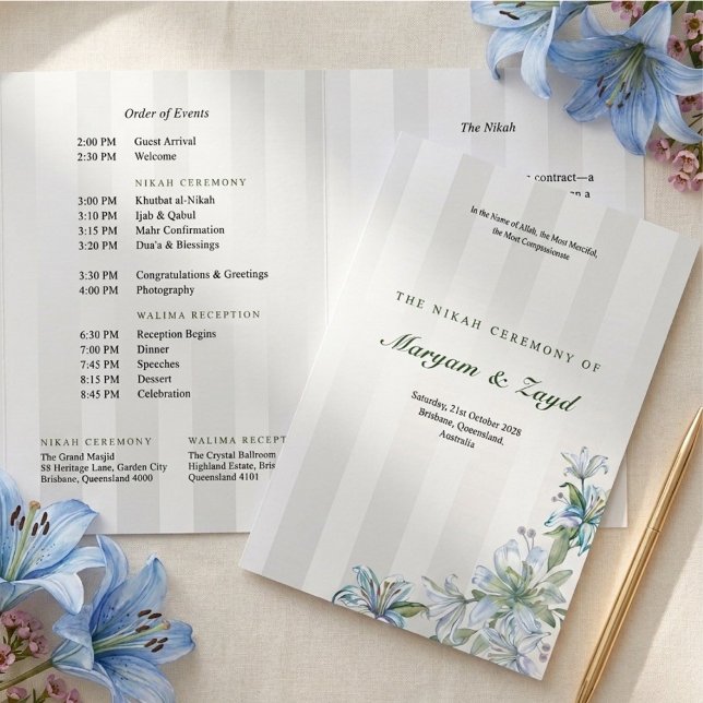 Programa Tríptico Boda Islámica Nikah Blue Lily Gris Raya (Subido por el creador)
